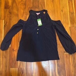 Navy Cold Shoulder Blouse